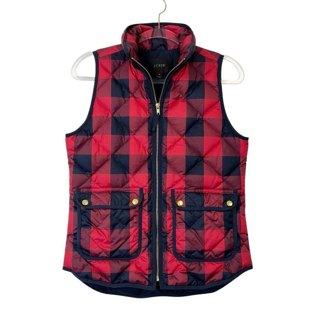 J Crew Quilted Down Puffer Vest Womens Size XS Red‎ Buffalo Plaid